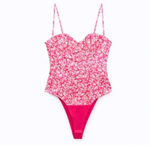 NWT Zara|| Pink Floral Corset Bodysuit, size medium adjustable straps,Sp…